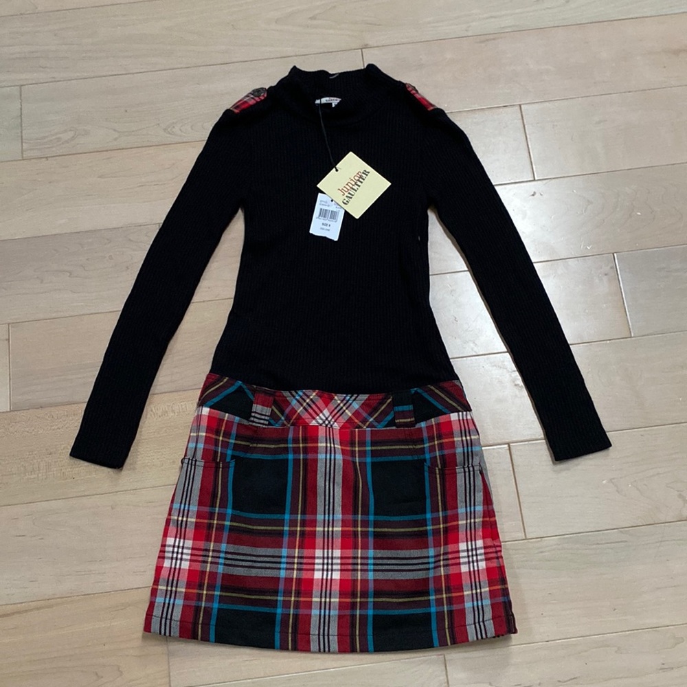 Junior Gaultier Joanne girls soft stretch modal wool blend plaid black pockets